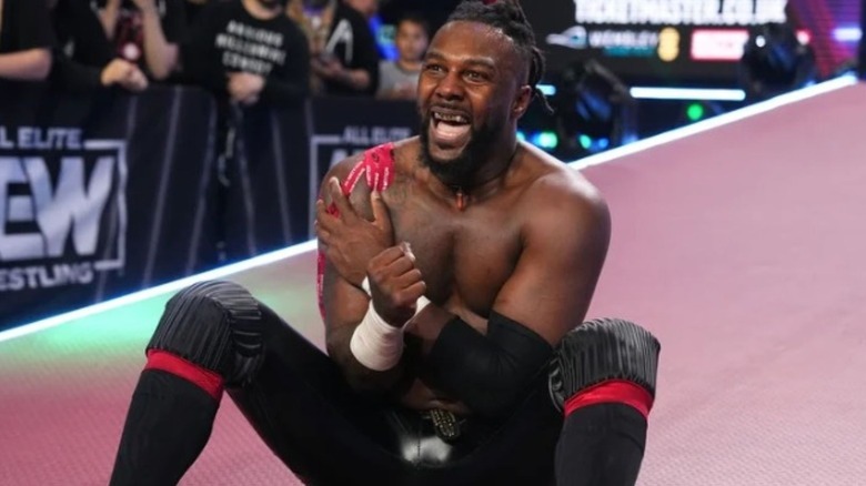 Swerve Strickland sits on the ramp after a match on AEW TV.