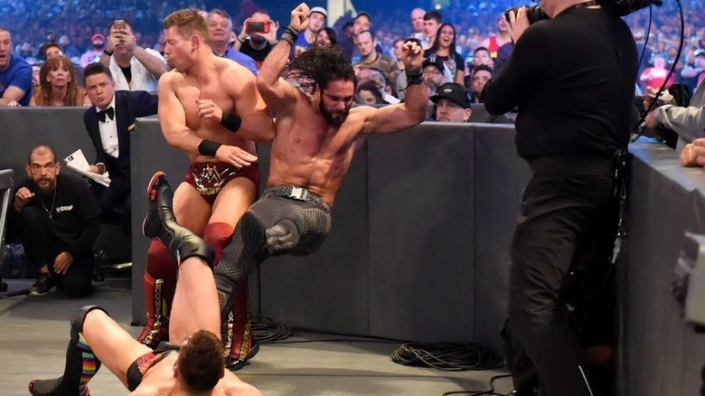 Rollins Balor Miz fight at Barricade