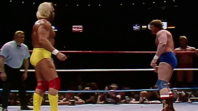 Hulk Hogan facing off with Roddy Piper