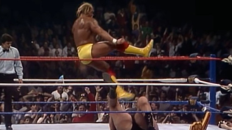 Hulk Hogan hits the leg drop at WrestleMania 3