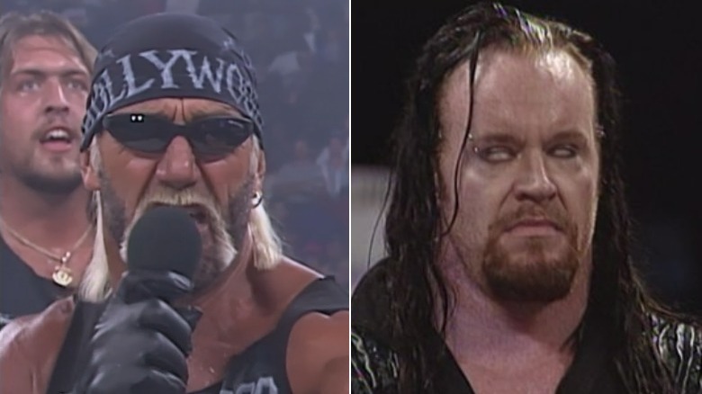 Hollywood Hogan talking and Undertaker rolling his eyes