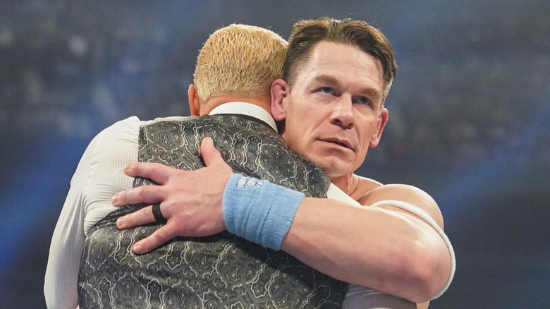 John Cena hugs Cody Rhodes during WWE Elimination Chamber at Rogers Centre on March 1, 2025 in Toronto, Canada.