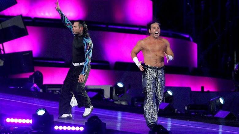 Matt and Jeff Hardy run down the ramp before entering a fatal four-way tag team ladder match at WrestleMania 33.