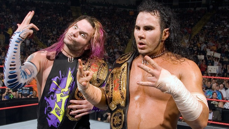 Jeff Hardy and Matt Hardy posing in the ring