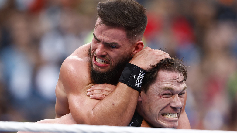 Austin Theory and John Cena wrestle for the United States Chamionship during WrestleMania Goes Hollywood at SoFi Stadium on April 01, 2023 in Inglewood, California.