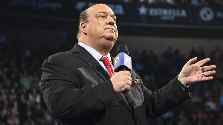 Paul Heyman speaks during SmackDown at Olimpic Arena on March 14, 2025 in Barcelona, Spain.