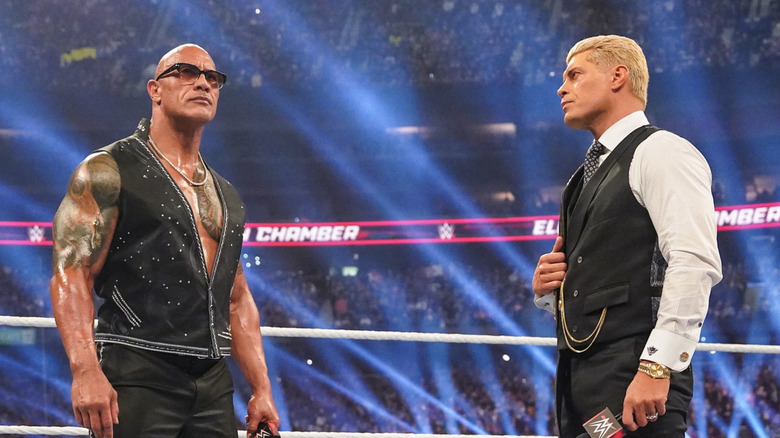 Dwayne "The Rock" Johnson and Cody Rhodes face off during WWE Elimination Chamber at Rogers Centre on March 1, 2025 in Toronto, Canada.