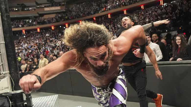 Roman Reigns in action against Seth Rollins During Monday night RAW at Madison Square Garden on March 10, 2025 in New York City.