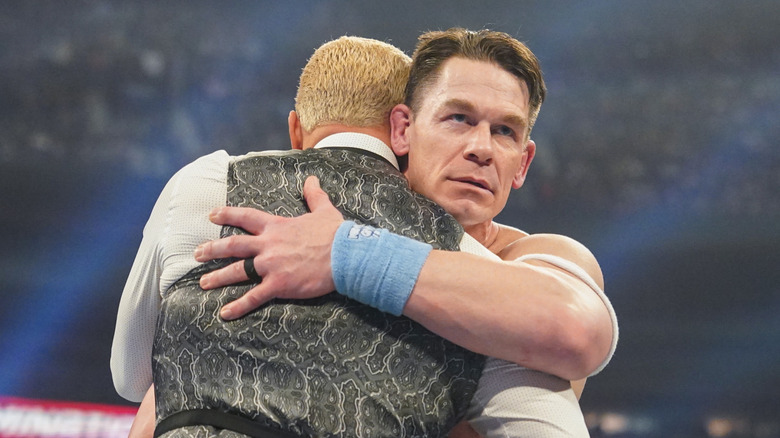 John Cena hugs Cody Rhodes during WWE Elimination Chamber at Rogers Centre on March 1, 2025 in Toronto, Canada.