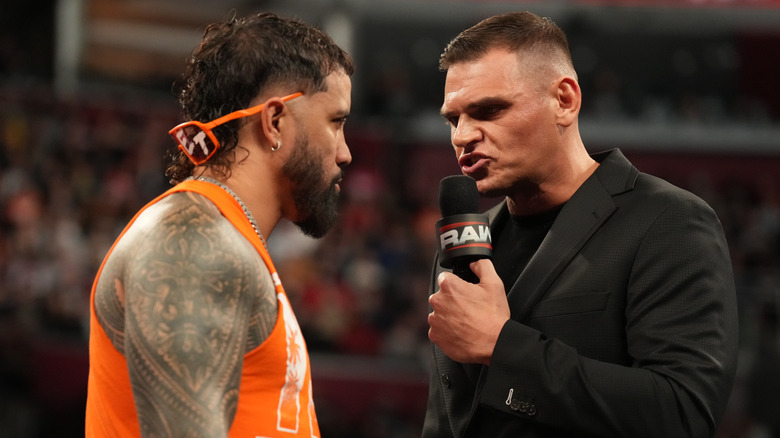 Jey Uso and Gunther face off during Monday Night RAW at Rocket Mortgage Fieldhouse on February 3, 2025 in Cleveland, Ohio.