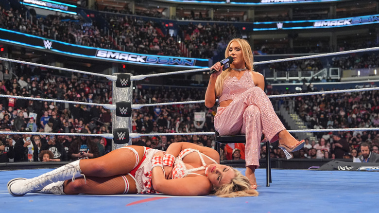 Charlotte Flair picks Tiffany Stratton as her opponent at WrestleMania during SmackDown at Capital One Arena on February 14, 2025 in Washington, DC.