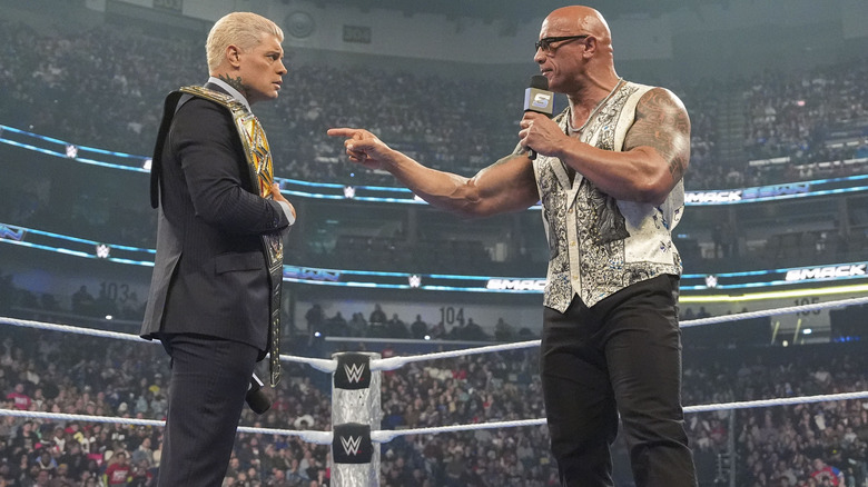 The Rock pointing at and speaking to Cody Rhodes on "WWE SmackDown."