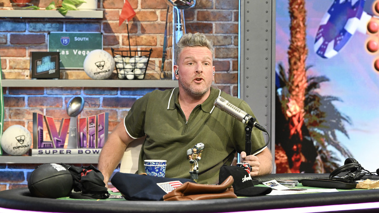 Pat McAfee hosts his show The Pat McAfee Show on Radio Row at the Mandalay Bay Convention Center ahead of Super Bowl LVIII on February 08, 2024 in Las Vegas, Nevada.