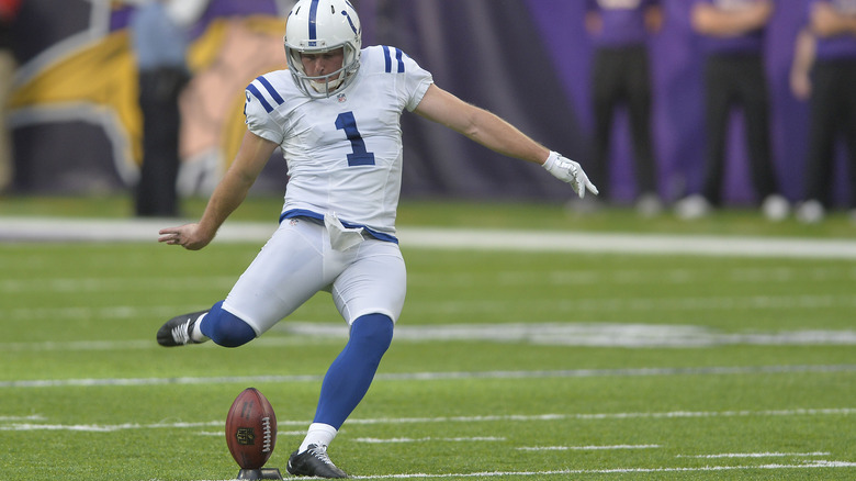 Pat McAfee #1 of the Indianapolis Colts kicks off during an NFL game against the Minnesota Vikings at U.S. Bank Stadium on December 18, 2016 in Minneapolis, Minnesota.