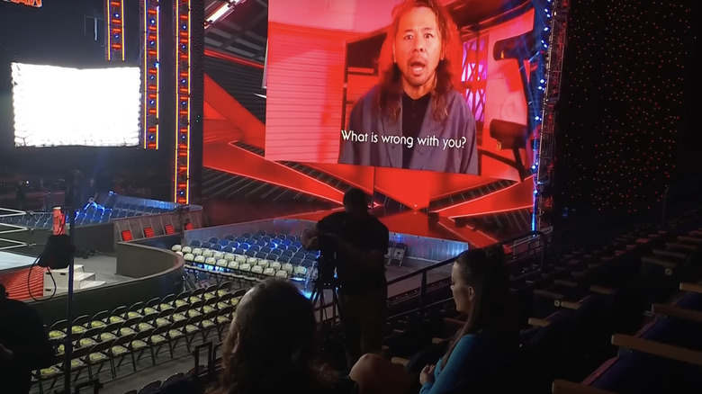Shinsuke Nakamura appears on RAW's Titantron to taunt Sami Zayn, who is sitting in the bleachers.
