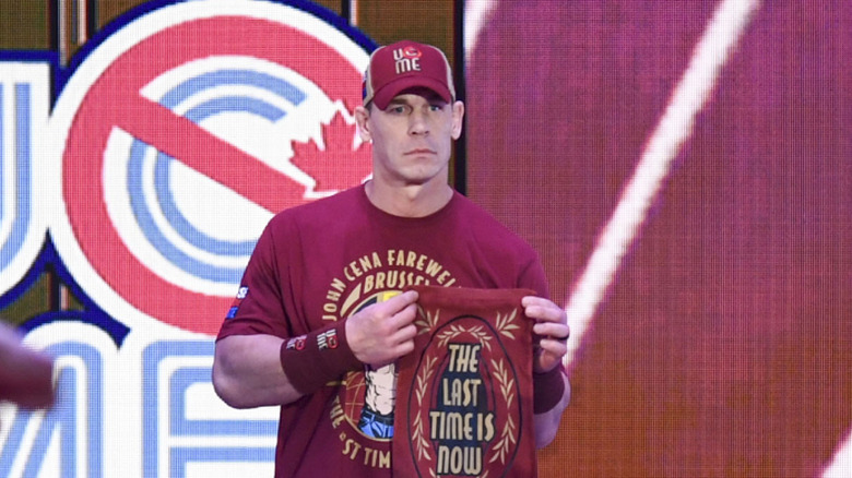 John Cena enters the arena during Monday Night RAW at Forest National on March 17, 2025 in Brussels, Belgium.