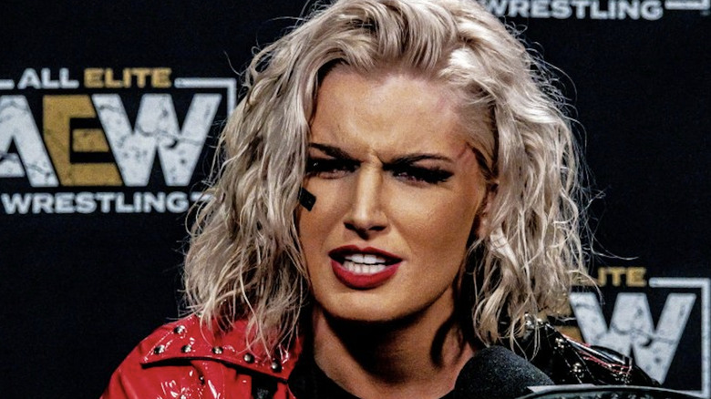 Toni Storm at the All Out media scrum