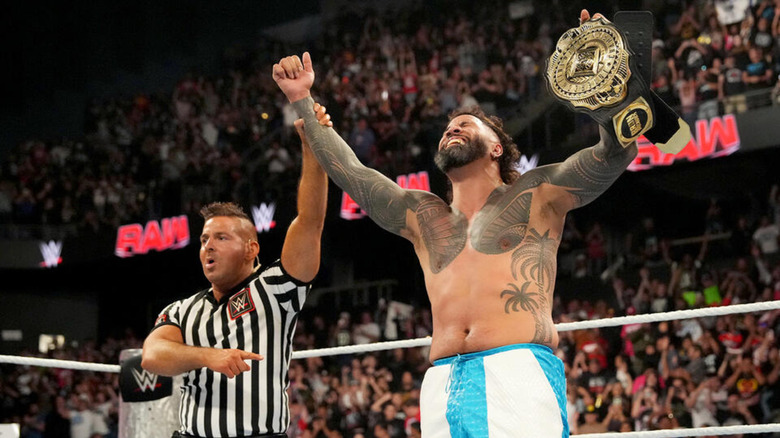 Jey Uso celebrating his win on WWE Raw