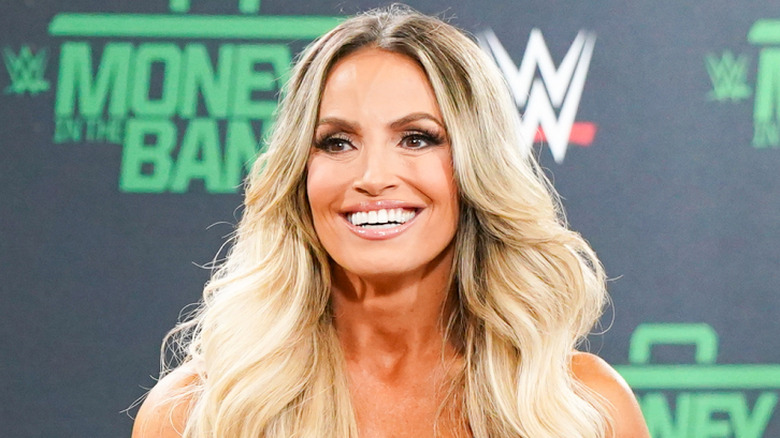 Trish Stratus having a good time at the Money in the Bank kickoff panel