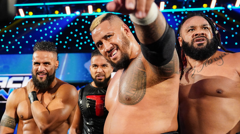 Tama Tonga, Tonga Loa, Solo Sikoa and Jacob Fatu of the Bloodline celebrate their win on the entrance ramp during WWE SmackDown at Paycom Center on September 27, 2024 in Oklahoma City, Oklahoma.