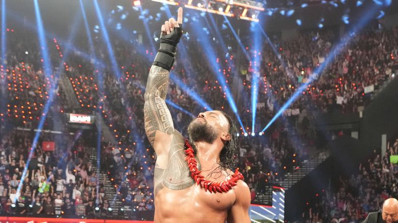 Roman Reigns acknowledges the crowd during Monday Night RAW at Intuit Dome on January 6, 2025 in Inglewood, California.