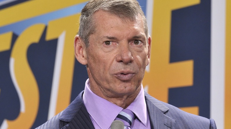 Vince McMahon doing a speech at a WWE event