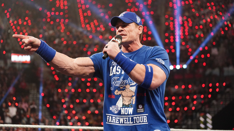 John Cena addresses the crowd during Monday Night RAW at Intuit Dome on January 6, 2025 in Inglewood, California.