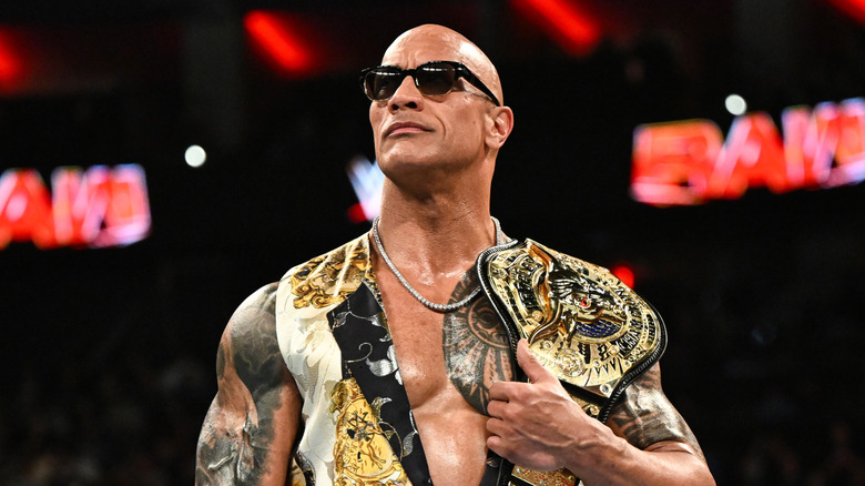 Dwayne "The Rock" Johnson stands in ring at the Wells Fargo Center on April 8, 2024 in Philadelphia, Pennsylvania.