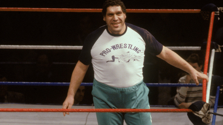 French professional wrestler and actor Andre the Giant (1946 - 1993) smiles as he walks around in the ring as a special guest referee for the match with Rowdy Roddy Piper and Adrian Adonis on January 30, 1987 at the Nassau Coliseum in Uniondale, New York.