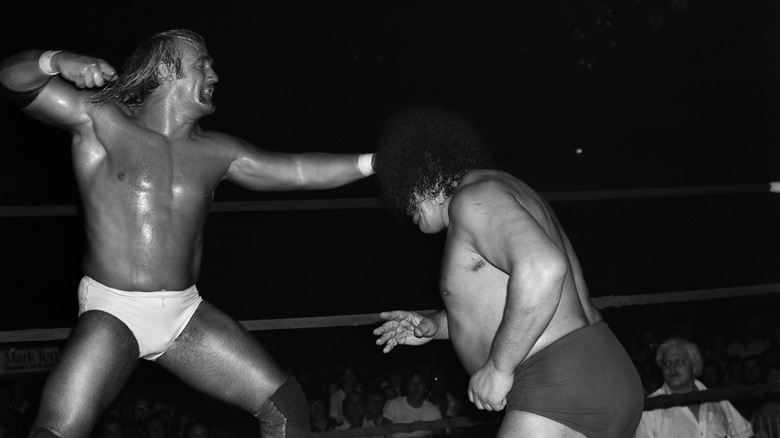 International Wrestling Title event featuring Hulk Hogan and Andre Giant. Pictured here is Hulk Hogan about to deliver a punch to the head of Andre the Giant during there match in Montreal, Canada on 25 Aug 1980.