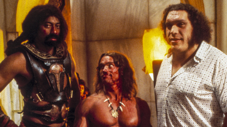 Arnold Schwarzenegger between Andre the Giant and Wilt Chamberlain on the set of "Conan the Destroyer", directed by Richard Fleischer , Mexico City, Mexico, 1983