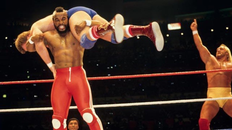 Mr. T, Roddy Piper, Muhammed Ali, and Hulk Hogan at WWE WrestleMania