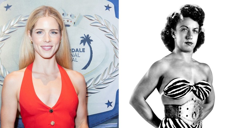 Emily Bett Rickards attends 39th Annual Fort Lauderdale International Film Festival - Opening Night at Seminole Hard Rock Hotel & Casino on November 08, 2024 in Hollywood, Florida, the photo is set beside a photo of Mildred Burke wearing a championship belt, posing for a photo backstage.