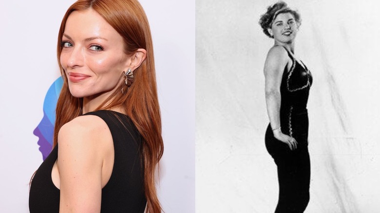 Francesca Eastwood attends Cure Addiction Now Inaugural Fundraising Evening at The Beverly Hills Hotel on February 24, 2025 in Beverly Hills, California, the photo is placed next to an old-school black-and-white image of Mae Young posing backstage before a wrestling event.