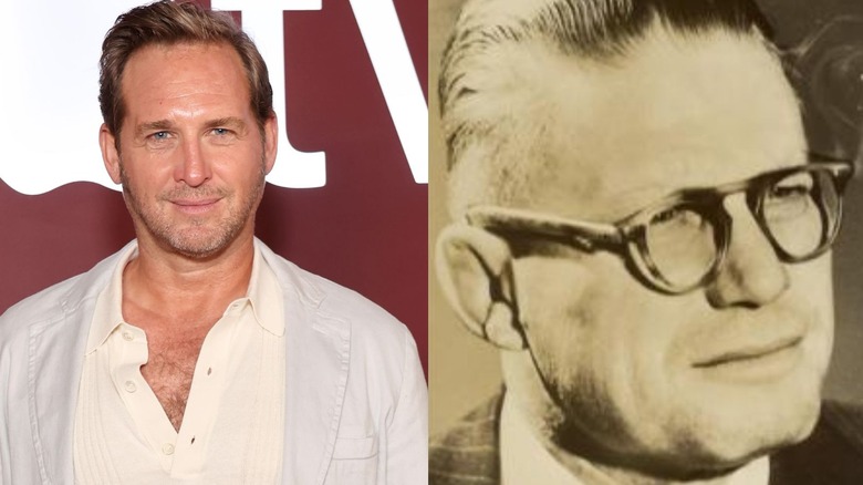 Josh Lucas attends Apple TV+'s "Palm Royale" official Emmy FYC event at Hollywood Athletic Club on May 11, 2024 in Hollywood, California, and the photo is set next to an old-school photo of Billy Wolfe in his glasses, posing for the image.