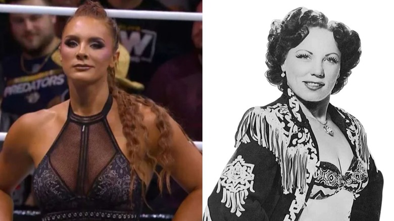 AEW wrestler Kamille stands in the ring, smirking at the hard cam following a match, and the photo is set beside a black-and-white image of June Byers posing backstage for a photo.