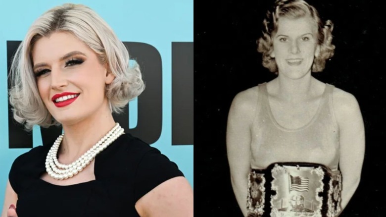 Toni Storm poses for a photo on a red carpet event for IMDB, and the photo is placed beside and old-school black and white image of Clara Mortensen posing with a championship belt around her waist.