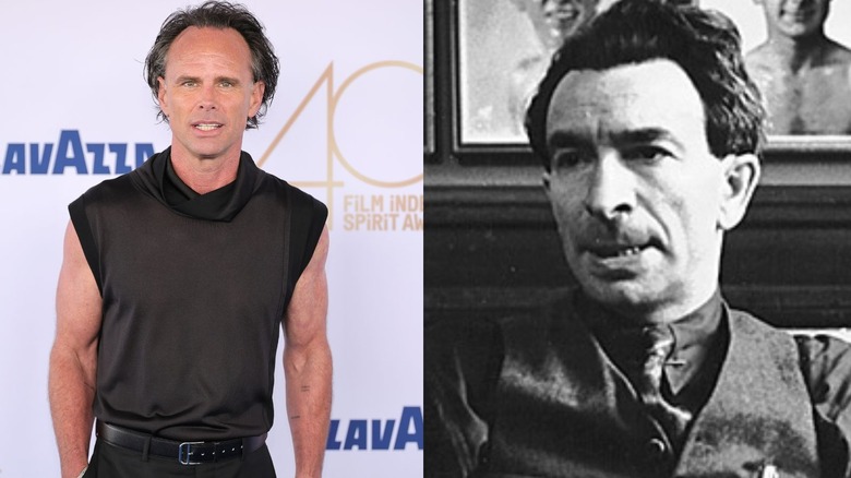 Walton Goggins attends the 2025 Film Independent Spirit Awards on February 22, 2025 in Santa Monica, California, and the image is placed beside a black-and-white press photo of Jack Pfefer.