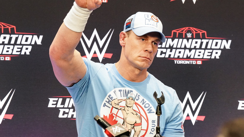 John Cena drops the mic at the WWE Post Show during WWE Elimination Chamber at Rogers Centre on March 1, 2025 in Toronto, Canada