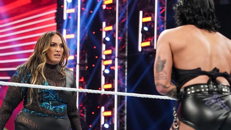 Nia Jax stares down Rhea Ripley in the ring during an episode of "WWE Raw."