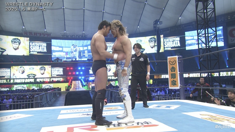 Shibata and Tanahashi staring each other down