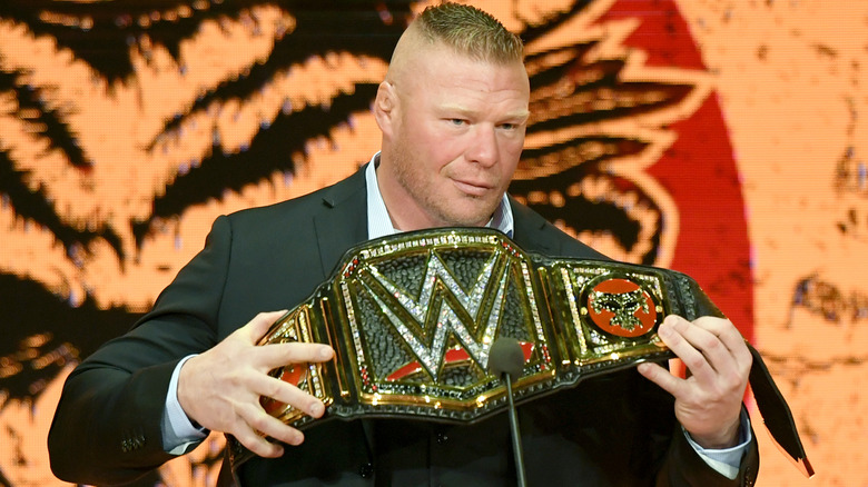 WWE champion Brock Lesnar is introduced at a WWE news conference at T-Mobile Arena on October 11, 2019 in Las Vegas, Nevada. Lesnar will face former UFC heavyweight champion Cain Velasquez and WWE wrestler Braun Strowman will take on heavyweight boxer Tyson Fury at the WWE's Crown Jewel event at Fahd International Stadium in Riyadh, Saudi Arabia on October 31.