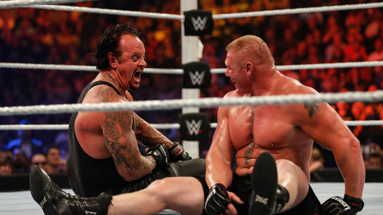 Lesnar and The Undertaker battle it out at the WWE SummerSlam 2015 at Barclays Center of Brooklyn on August 23, 2015 in New York City.