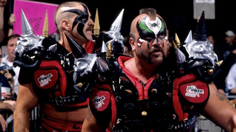 Road Warrior Hawk and Road Warrior Animal made their way down to the ring before a match in full costume and face paint.