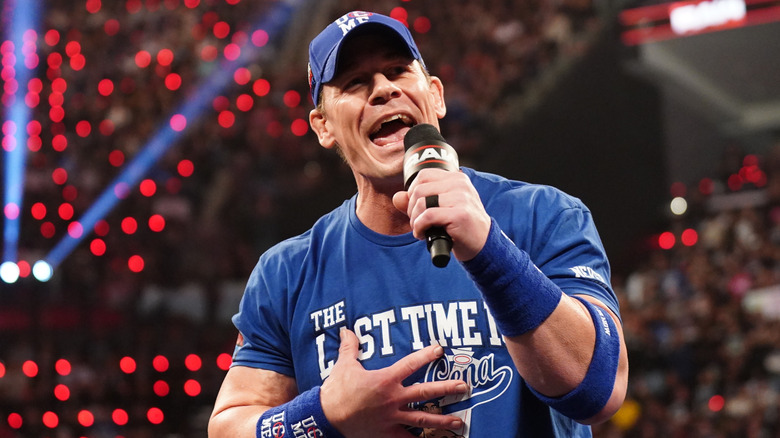 John Cena addresses the crowd during Monday Night RAW at Intuit Dome on January 6, 2025 in Inglewood, California.