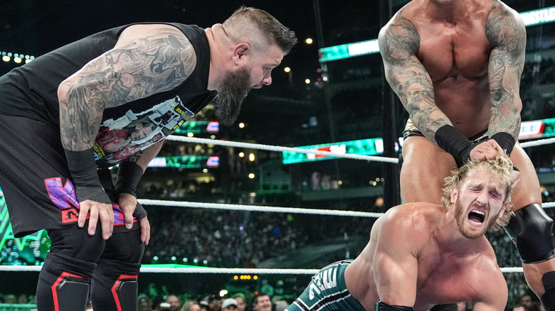 Kevin Owens and Randy Orton (R) in action against Logan Paul during Night Two of WrestleMania 40 at Lincoln Financial Field on April 7, 2024 in Philadelphia, Pennsylvania.