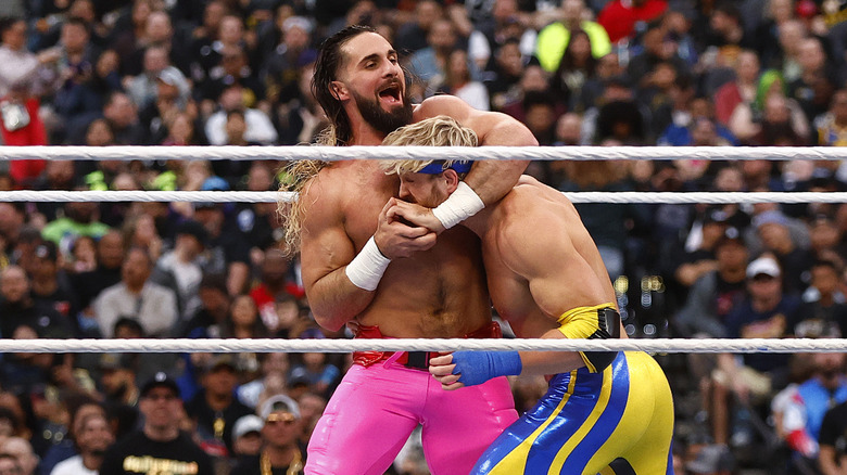 Logan Paul wrestles Seth Rollins during WrestleMania Goes Hollywood at SoFi Stadium on April 01, 2023 in Inglewood, California.