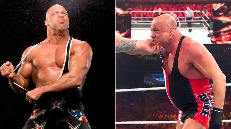 Kurt Angle poses on the ring turnbuckle following a victory in WWE.