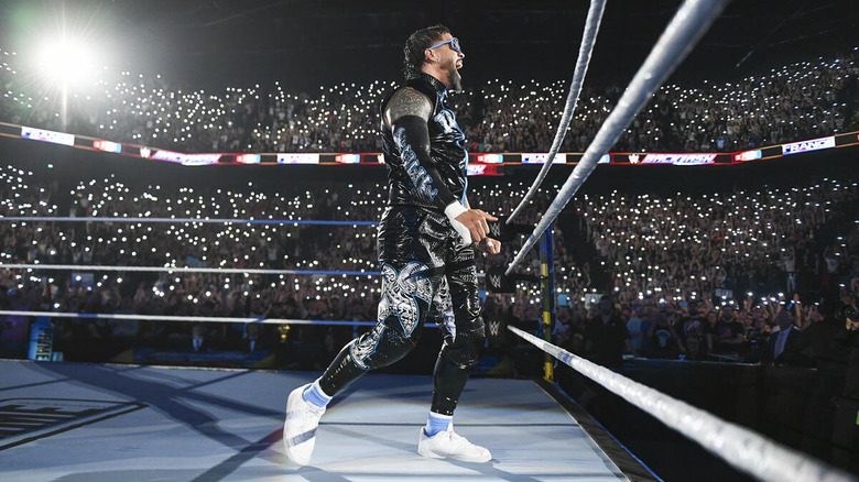 Jey Uso looks out into the crowd at Lyon, France, as part of WWE Backlash