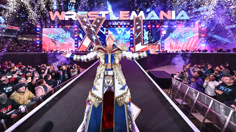 Cody Rhodes poses on the entrance ramp at WWE WrestleMania 40